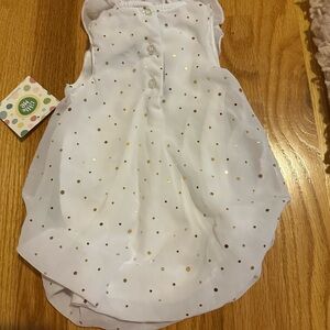 White Sleeveless Romper with Gold Polka Dots and button back